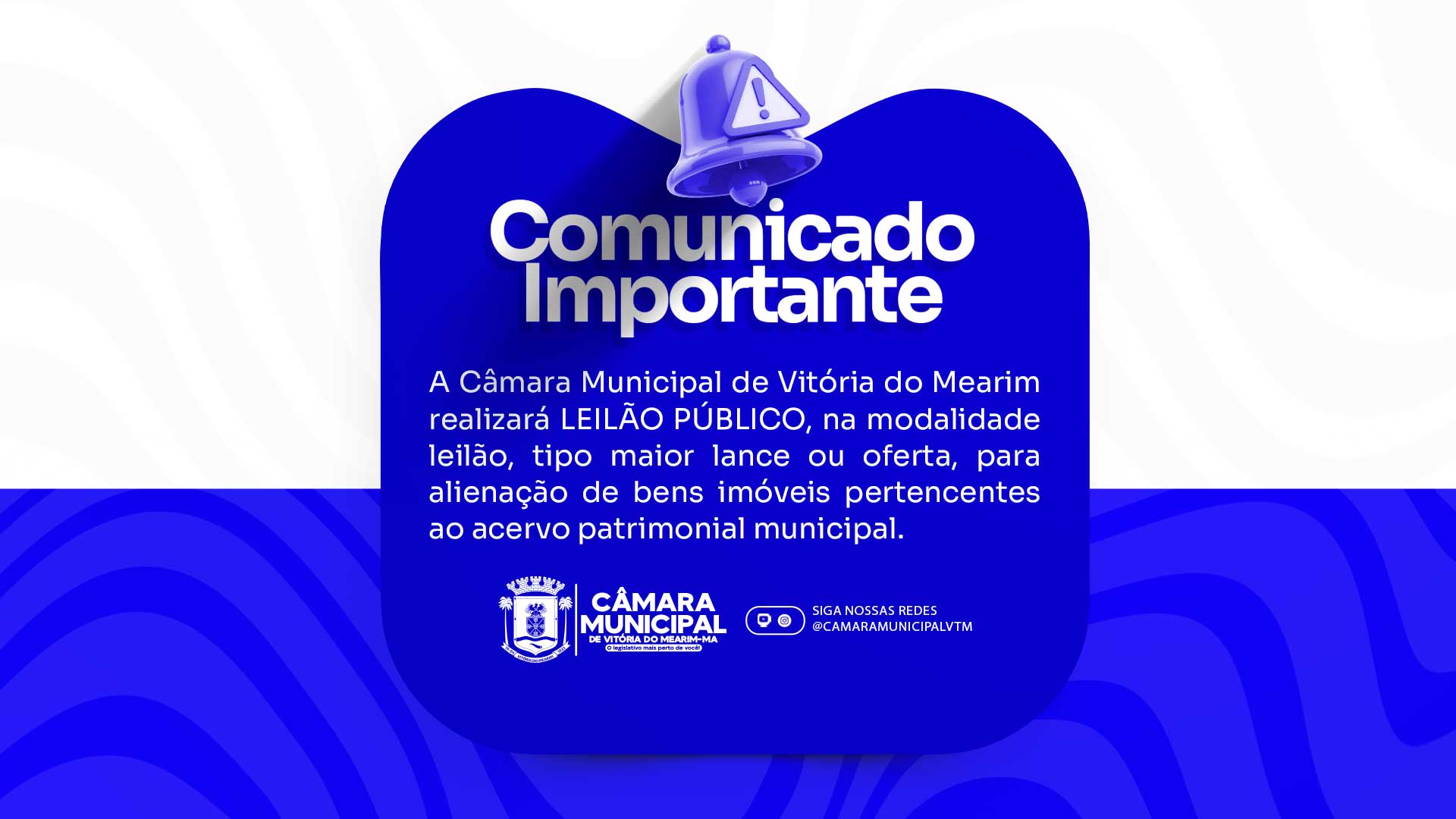 A Câmara Municipal de Vitória do Mearim realizará LEILÃO PÚBLICO, na modalidade leilão, tipo maior lance ou oferta, para alienação de bens imóveis pertencentes ao acervo patrimonial municipal.