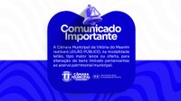 A Câmara Municipal de Vitória do Mearim realizará LEILÃO PÚBLICO, na modalidade leilão, tipo maior lance ou oferta, para alienação de bens imóveis pertencentes ao acervo patrimonial municipal.